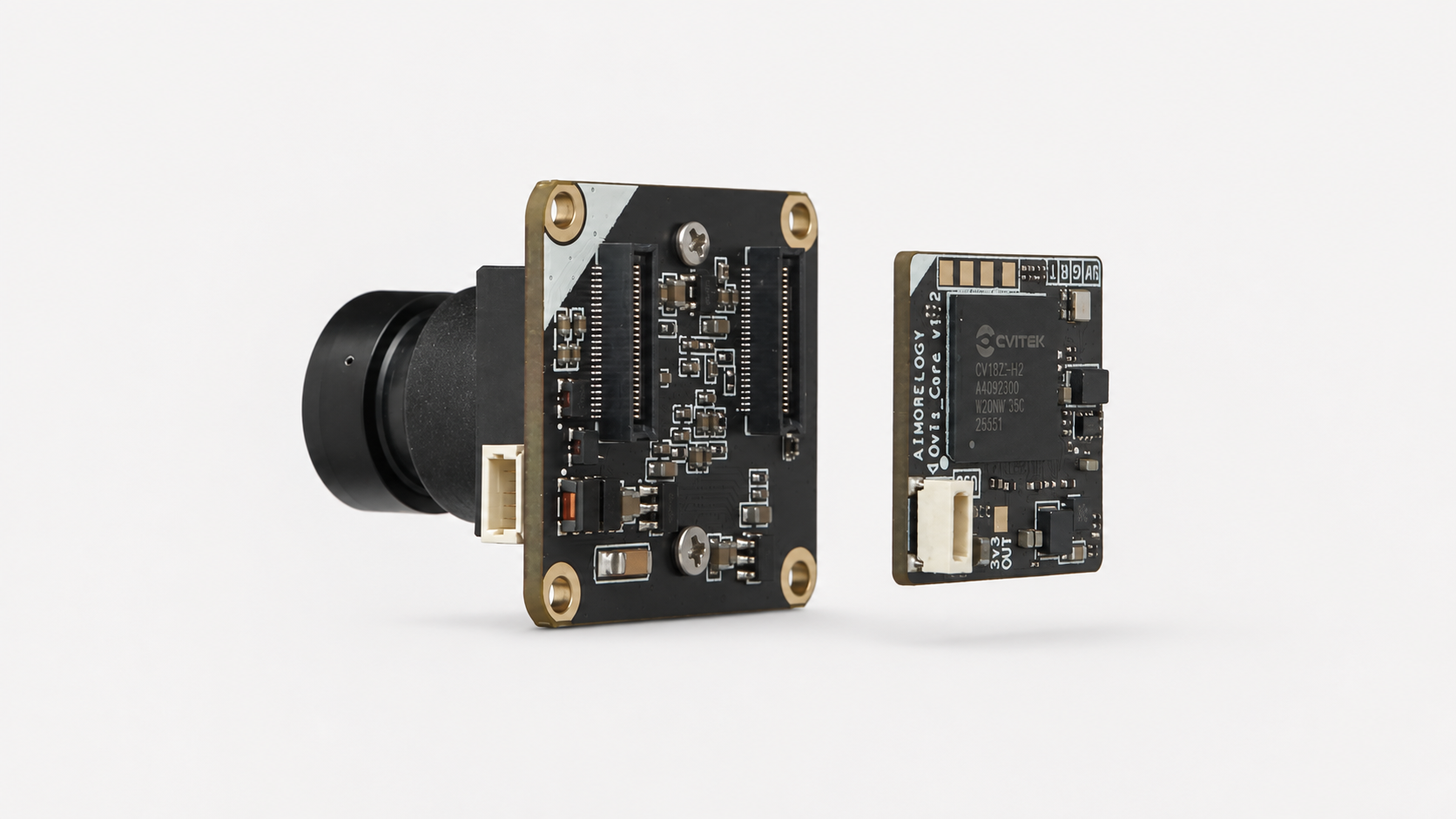 Align the white corner marks and assemble the OVIS camera board with the OVIS Core board