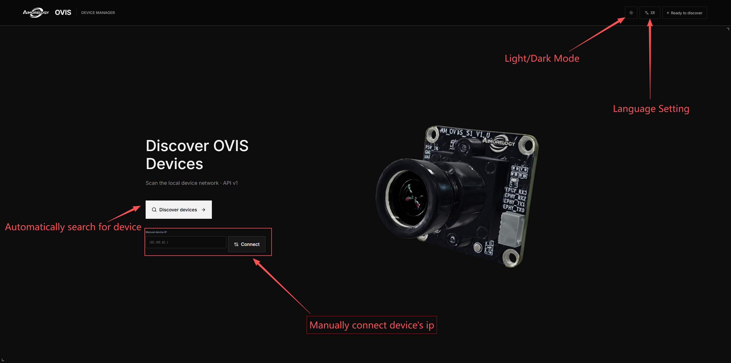OVIS Web home screen with the Search devices button
