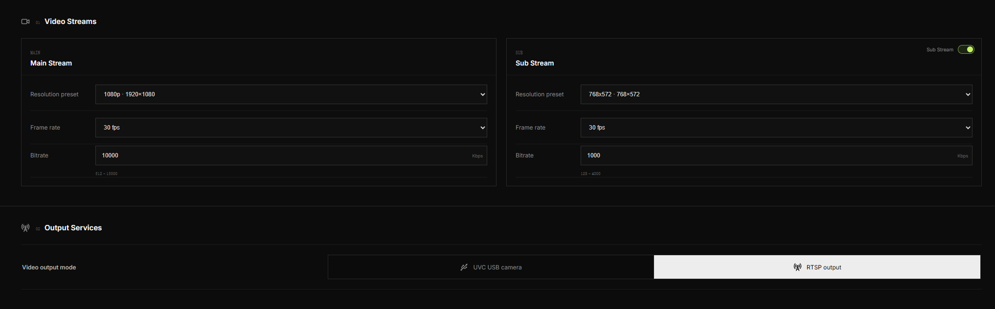 Select UVC or RTSP output in OVIS Web