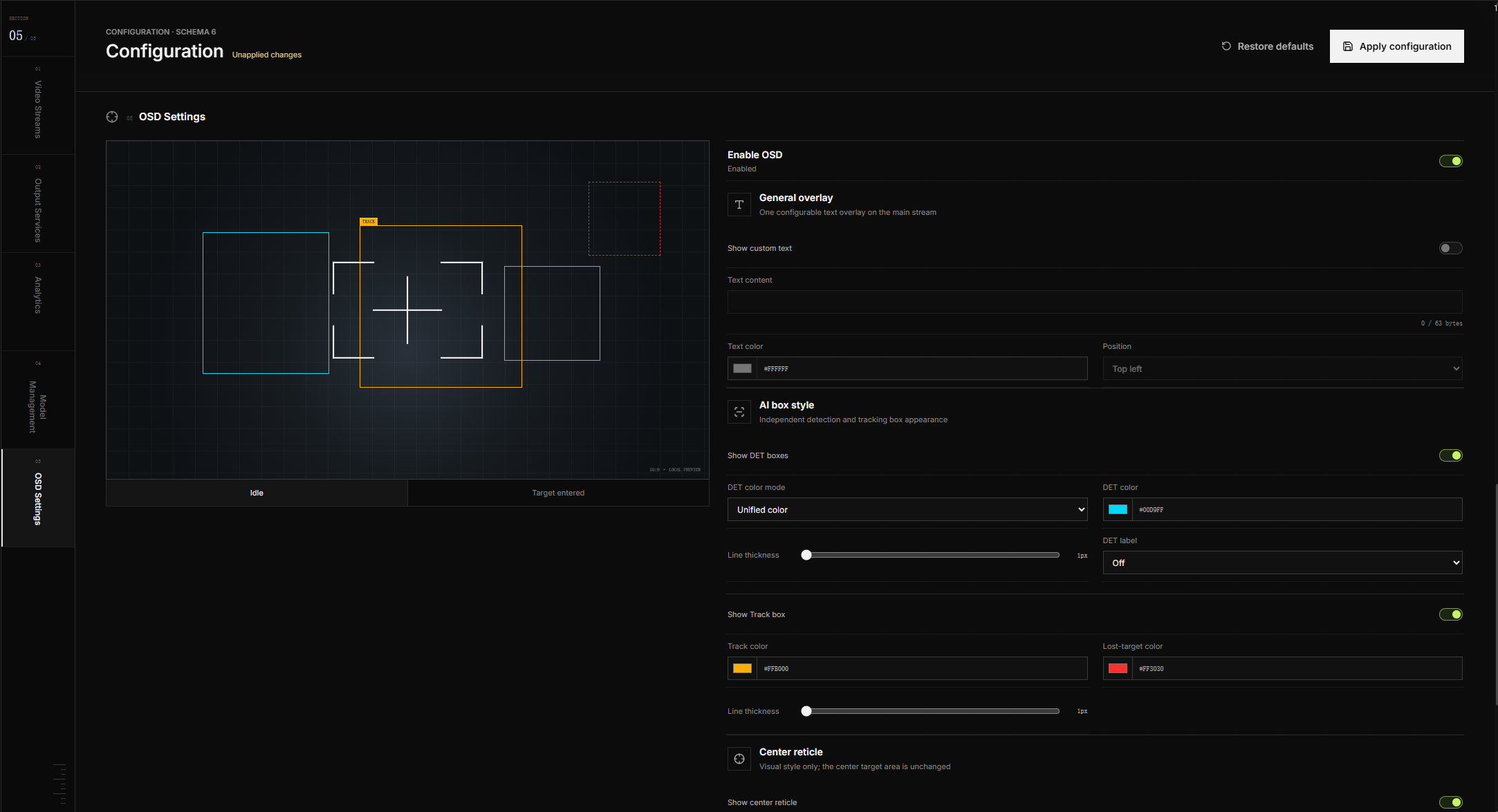 OVIS OSD settings and local style preview