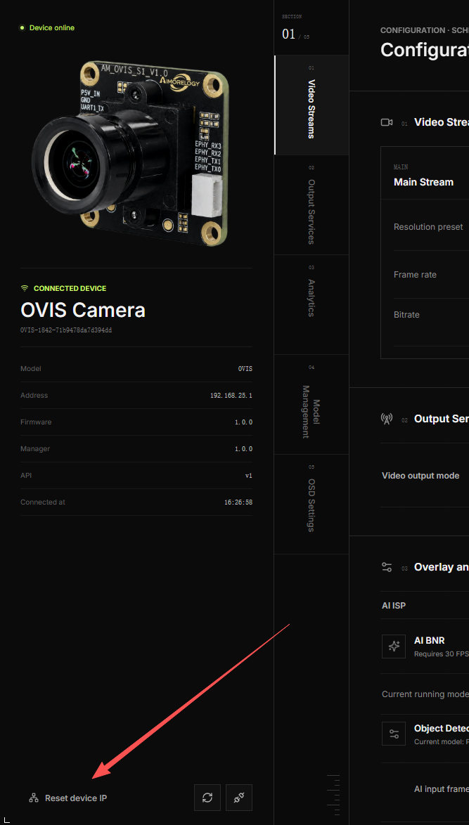 Reset device IP action in the OVIS device dashboard